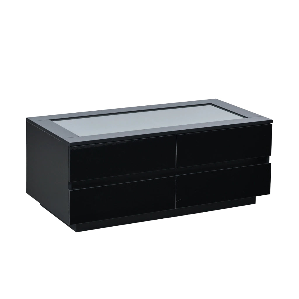 Tavolino da salotto nero 100¡Á50¡Á40 cm con 4 cassetti, piano in vetro temperato, LED e frontali lucidi