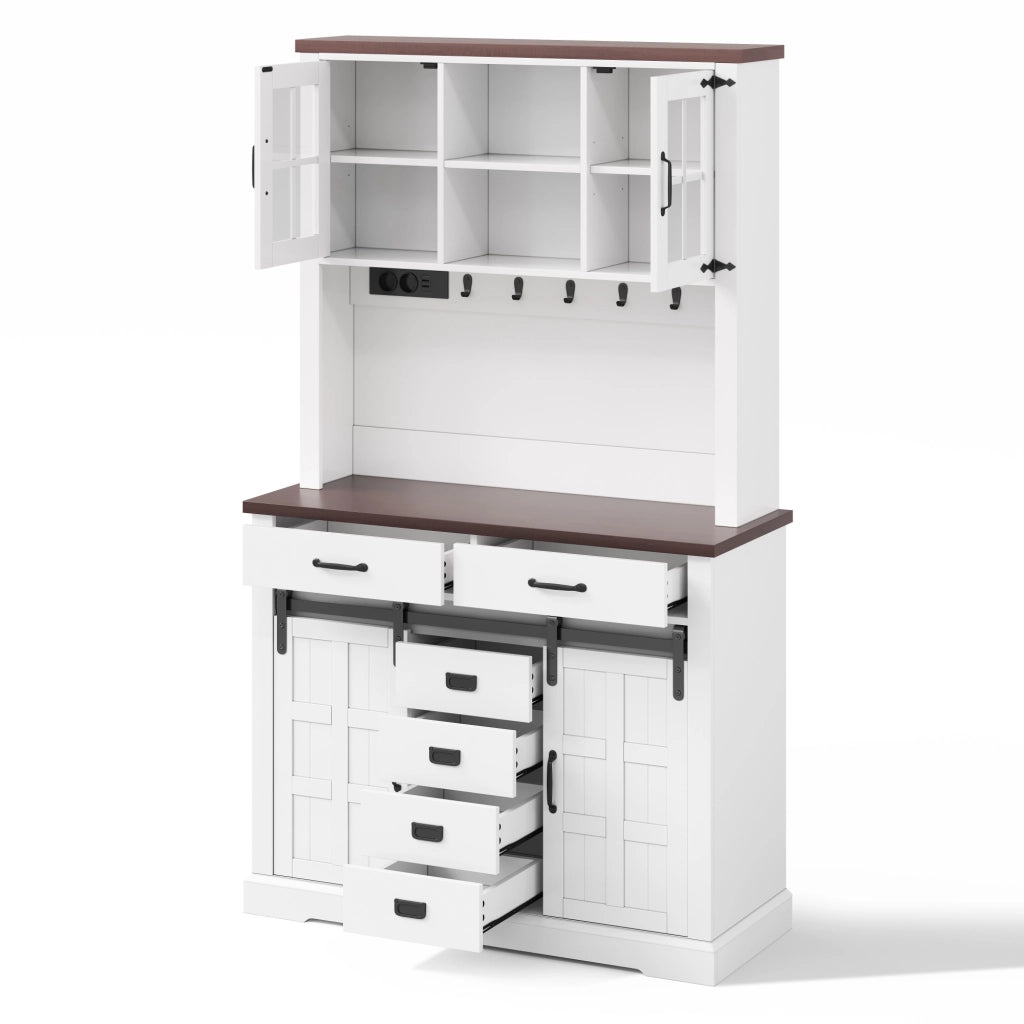 Credenza da cucina con LED; 6 cassetti; ante in vetro e prese; per cucina; bianco; 180 × 108 × 40 cm
