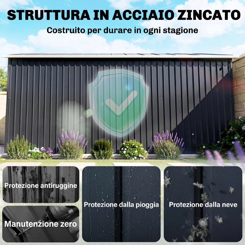 Casetta da Giardino con 2 Porte Scorrevoli e 4 Prese d'Aria, in Acciaio, 322x277x192 cm, Grigio