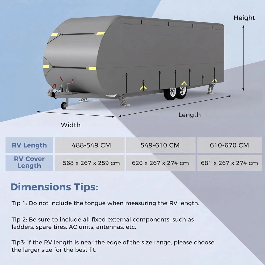 Copertura di Protezione per Camper, Telo Copri Caravan in Tessuto a 5 Strati, Cover Roulotte, Traspirante, Resistente a Vento, Acqua e Sole, con Borsa Trasporto (568 x 267 x 259cm)