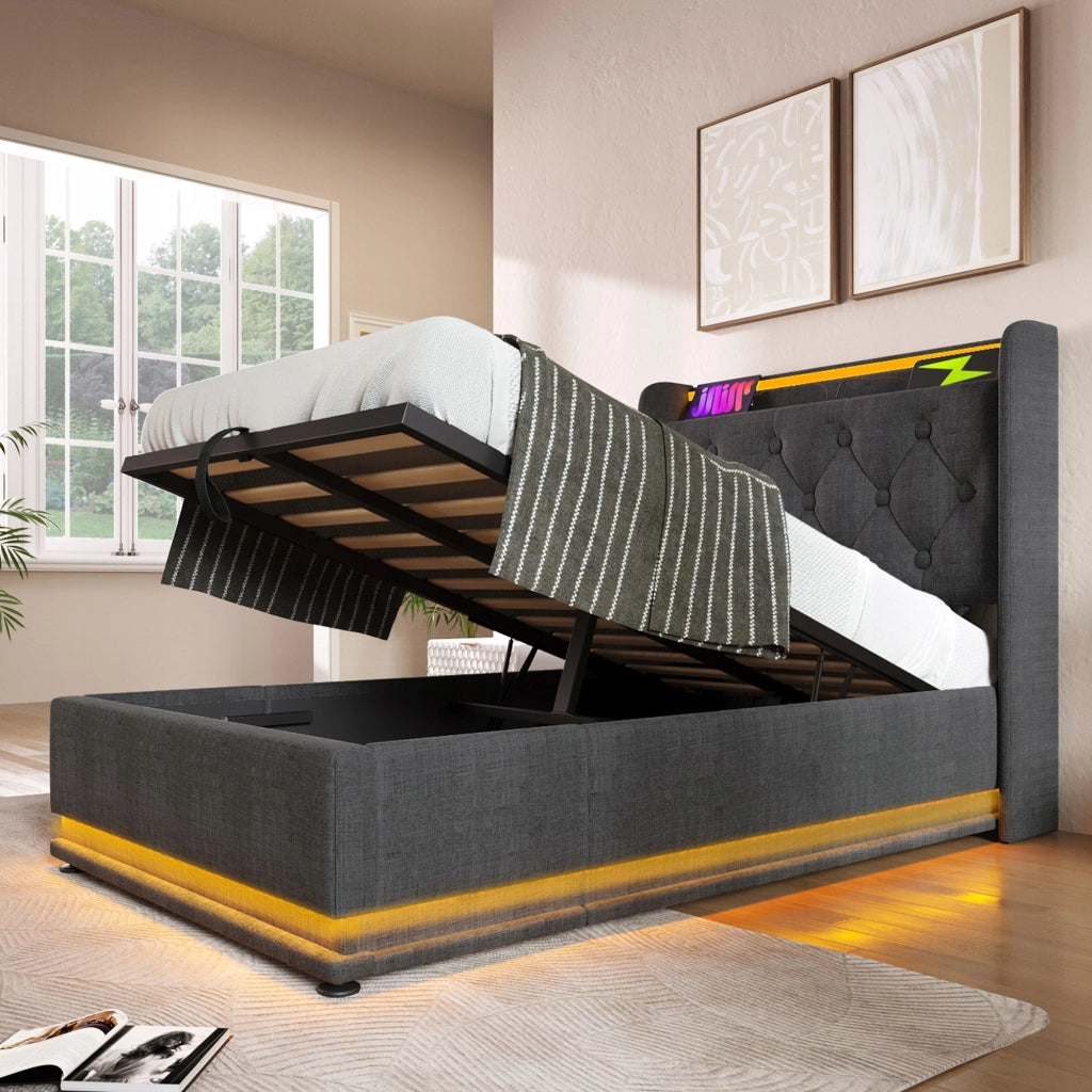 Letto imbottito 90x200 grigio, idraulico, LED, USB-C - Xylo - Con materasso