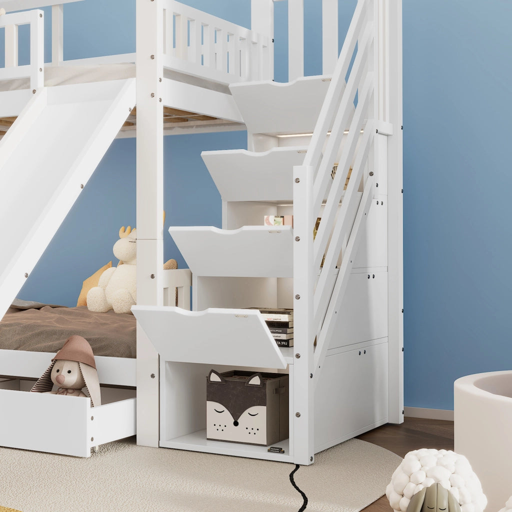 Letto a Castello 90x200 cm con Scala; Scivolo; Contenitori e Cassetti in Bianco