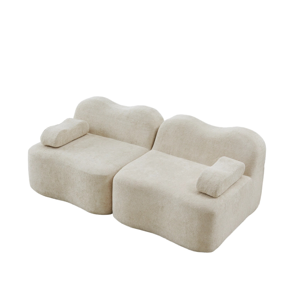 Divano modulare a 2 posti senza struttura, forma ondulata, velluto beige, pronto all’uso