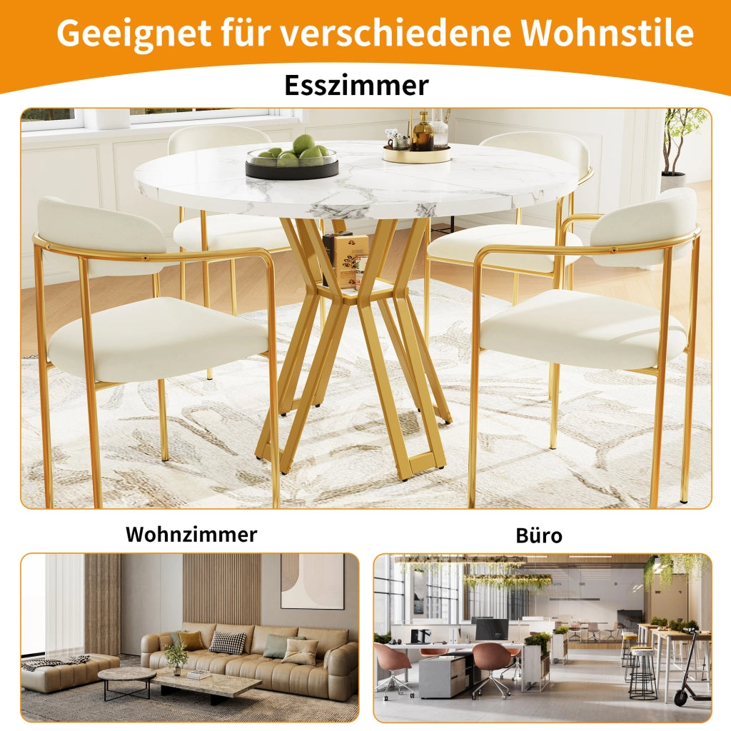Tavolo da pranzo rotondo con piano in MDF effetto marmo e gambe in metallo oro per sala da pranzo 100 × 100 × 76 cm