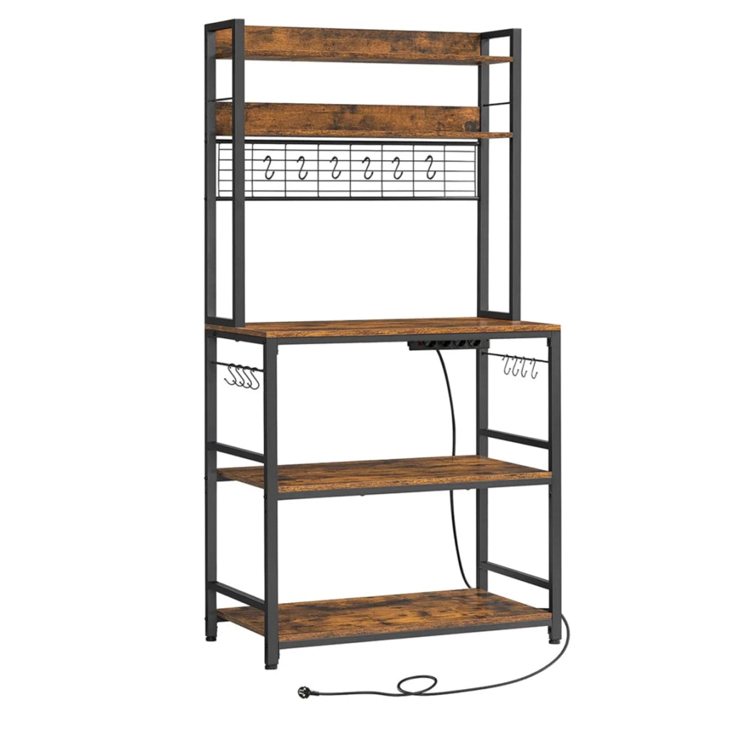 Mensola da cucina con multipresa supporto per microonde ripiano portaoggetti con pannello in rete metallica 14 ganci 40 x 80 x 170 cm marrone rustico e nero 12_0005666