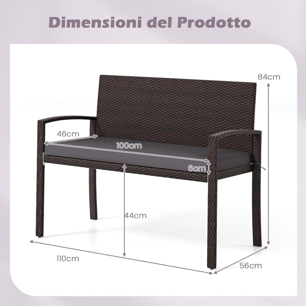 Panchina da Esterno in Rattan PE 110 x 56 x 84 cm, Panchina da Giardino con Morbido Cuscino, Schienale e Braccioli, Poltrona per Veranda, Balcone e Ingresso (Grigio)