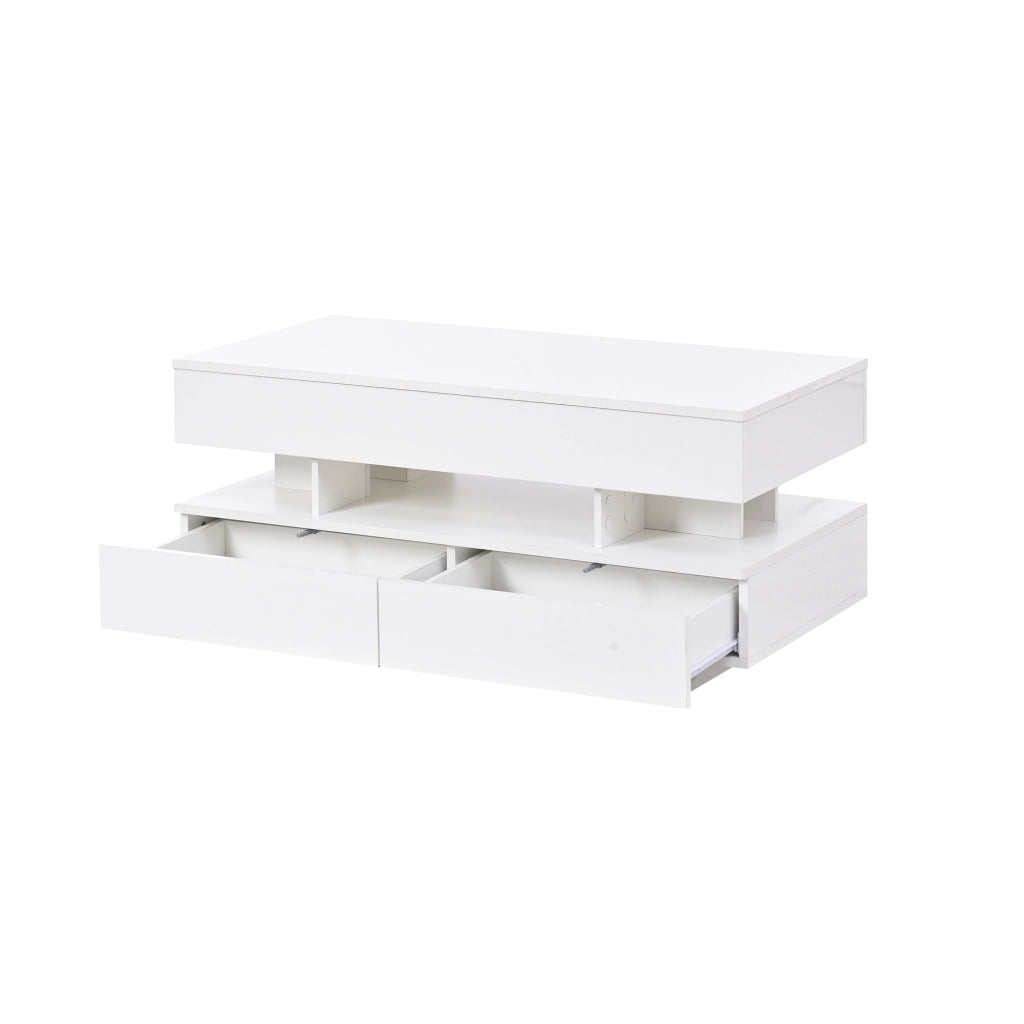 Tavolino da caffè alzabile con 2 cassetti e LED per soggiorno; 100×50×45 cm; bianco