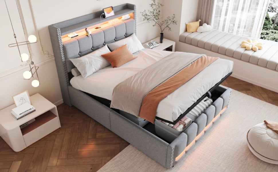 Letto matrimoniale imbottito 140 ¡Á 200 cm con LED multicolore, USB, contenitore idraulico e testiera con ripiani