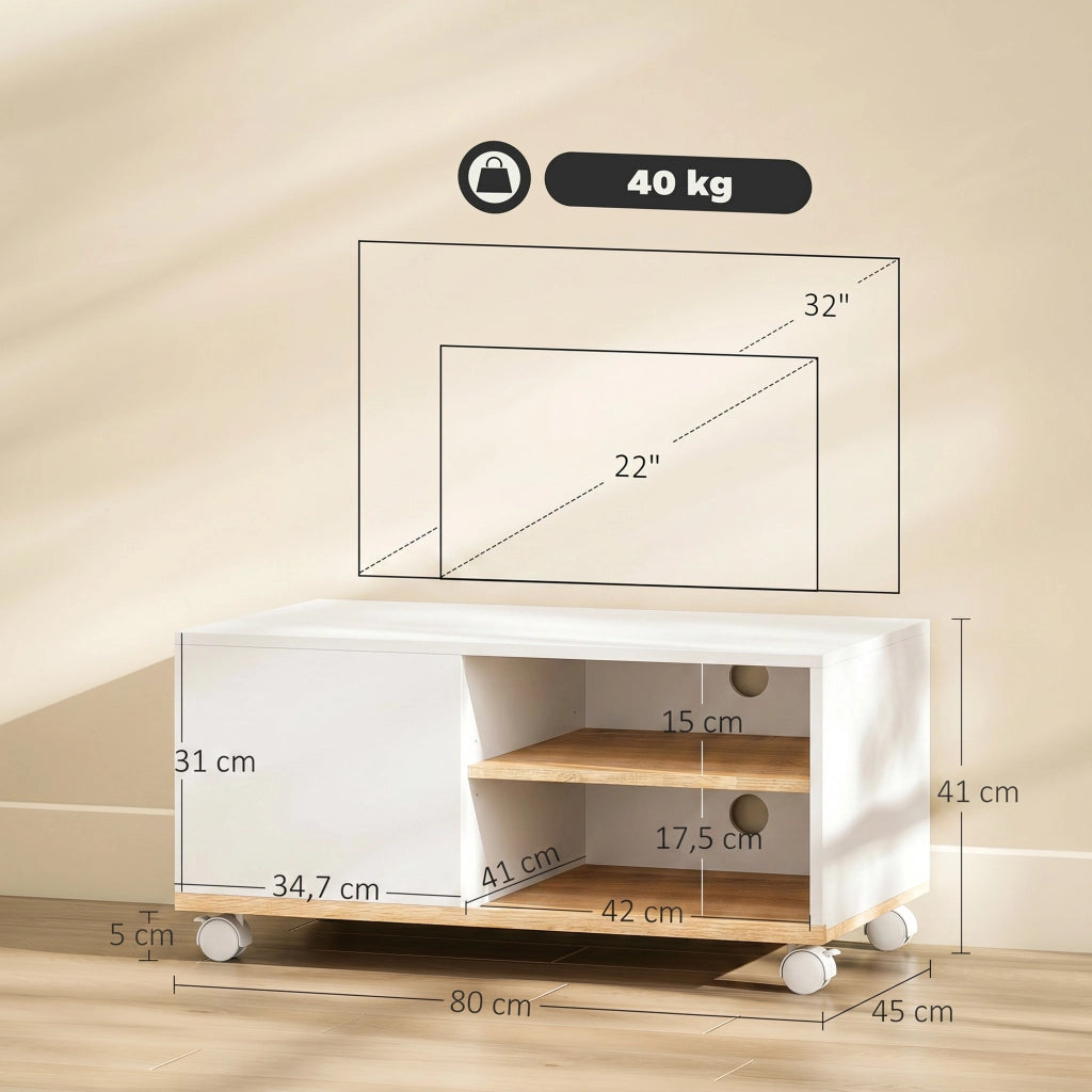 Mobile TV su ruote con ante e ripiano regolabile ¨C Xylo ¨C Bianco e rovere