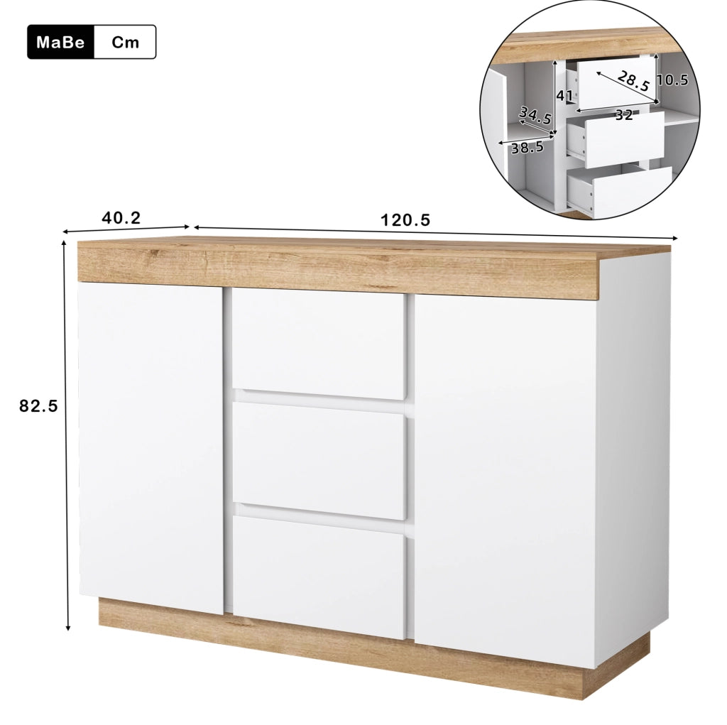 Cassettiera classica con 3 cassetti e 2 ante; in truciolare E1; bianco e rovere