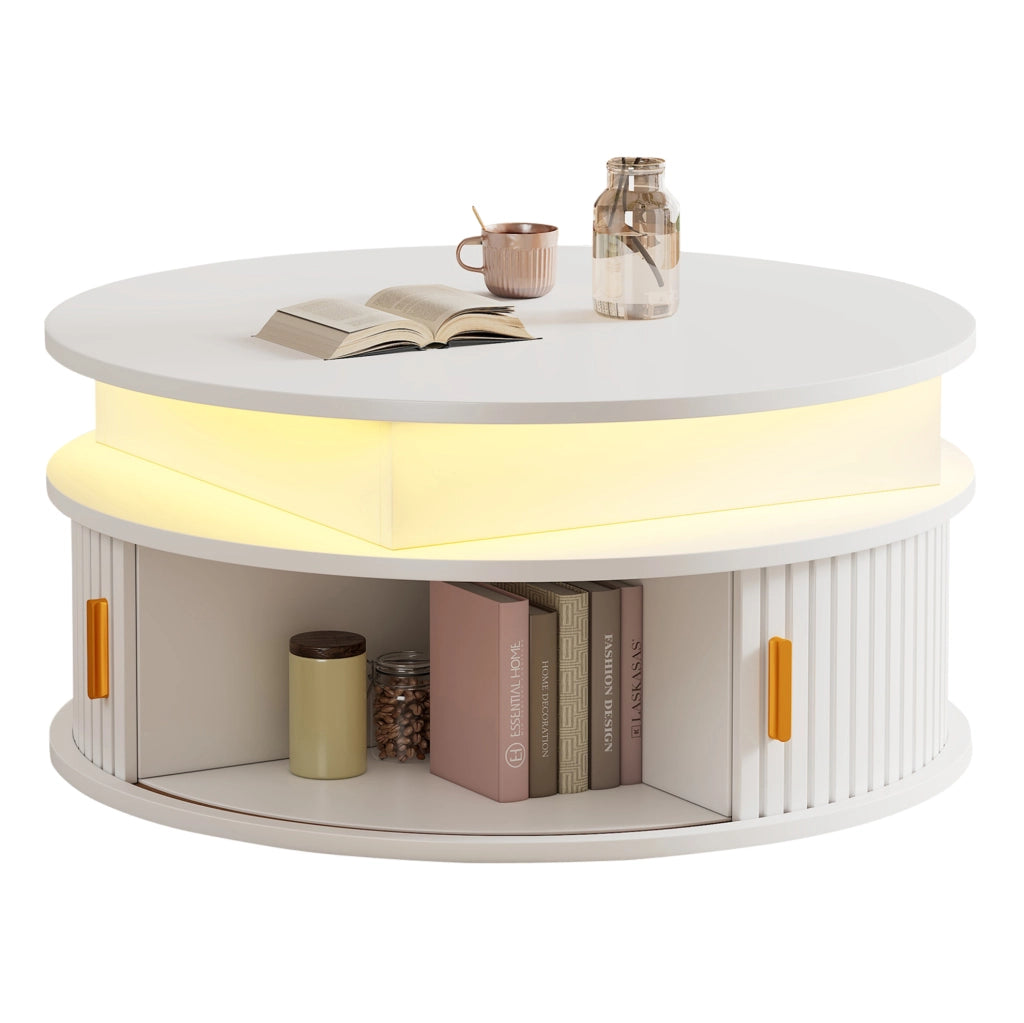 Tavolino rotondo elevabile 75 cm bianco con LED, vano contenitore e serrande