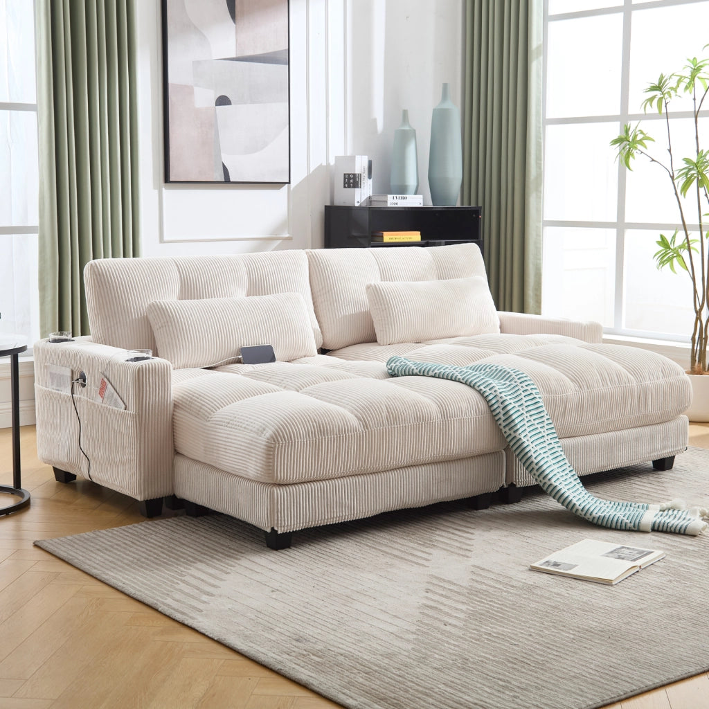 Poltrona relax 140x112x81 cm con portabevande; tasche laterali e ricarica laterale in velluto a coste beige