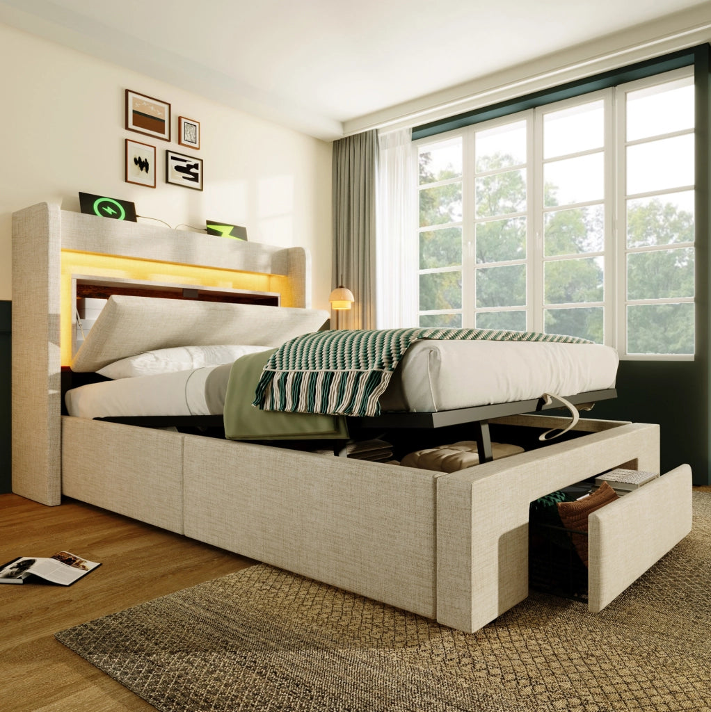 Letto singolo 90x200 cm con contenitore idraulico; LED; USB e USB-C; beige in lino