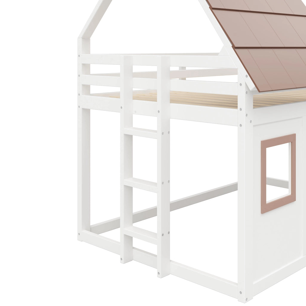 Letto a Castello 140x200 cm; 2 Posti; con Tetto e Scala; in MDF e Pino; Marrone
