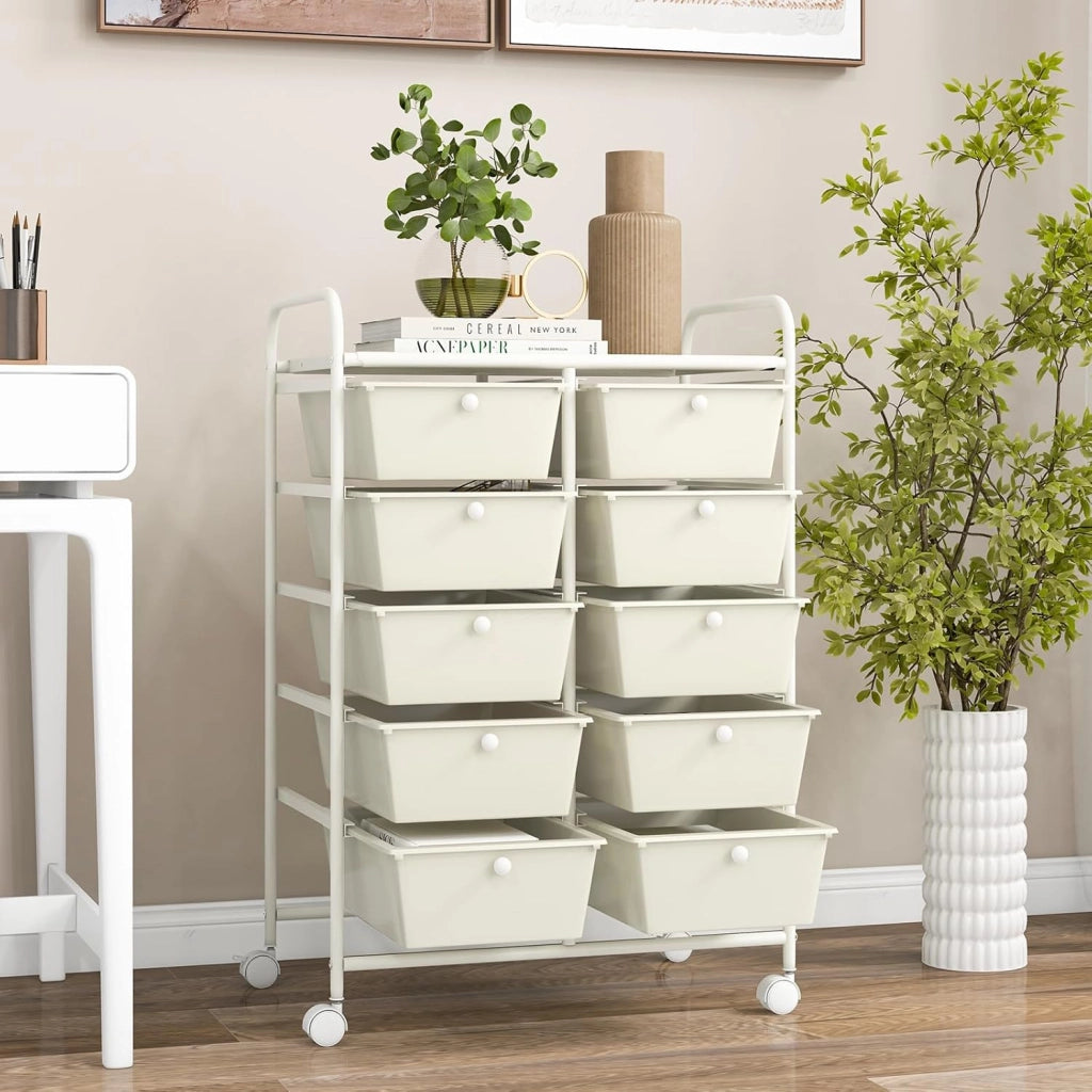 Carrello a 10 Cassetti con Ruote, di Stoccaggio con Stabilità Elevata, Multiuso per Casa Ufficio e Scuola, 65,5 x 37 x 87 cm (Bianco)