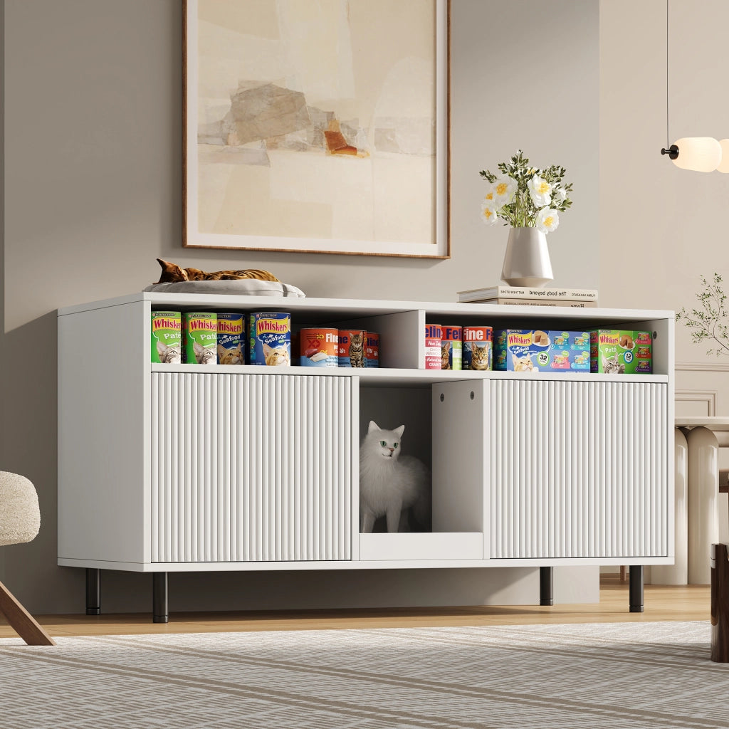 Mobile per lettiera per gatti con 2 ante e ripiani aperti, tappetino raccogli-sabbia, in MDF, bianco, 120 × 50 × 66 cm