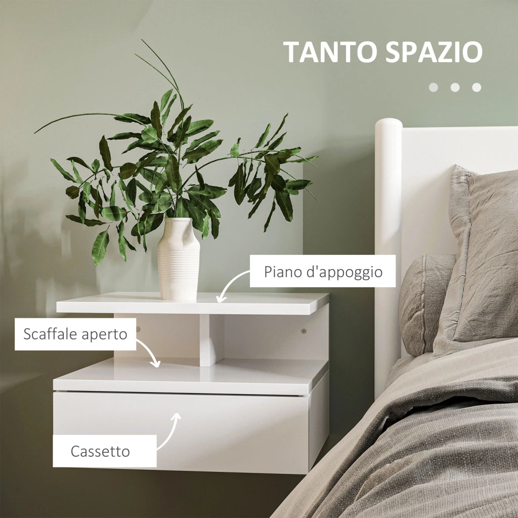 Comodini Moderni Sospesi con Cassetto e Mensola in Legno ¨C Zephmum ¨C Bianco Lucido 35x32x22.5cm