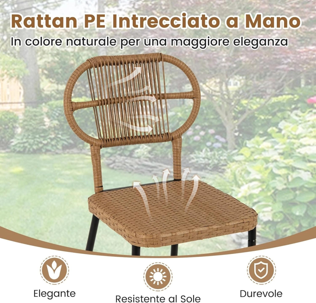 Salottino da Esterno in Rattan e Metallo, Set da Giardino con 2 Sedie Impilabili e Tavolo con Ripiano, Set di Conversazione per Patio e Pranzo