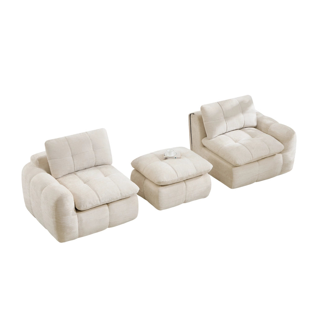 Divano modulare 2 posti con pouf - con seduta ergonomica e struttura sfoderabile in chenille beige