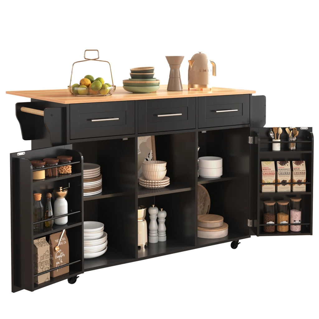 Carrello Isola Cucina 139x46/71x91;5 cm Nero con Piano Pieghevole; 3 Cassetti; Armadietti e Ruote
