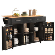 Carrello Isola Cucina 139x46/71x91;5 cm Nero con Piano Pieghevole; 3 Cassetti; Armadietti e Ruote