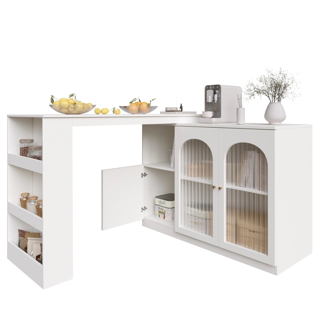 OKWISH Mobile bar girevole con ripiani aperti e anta in vetro, rotazione a 360°, stile moderno, per cucina, MDF, Bianco
