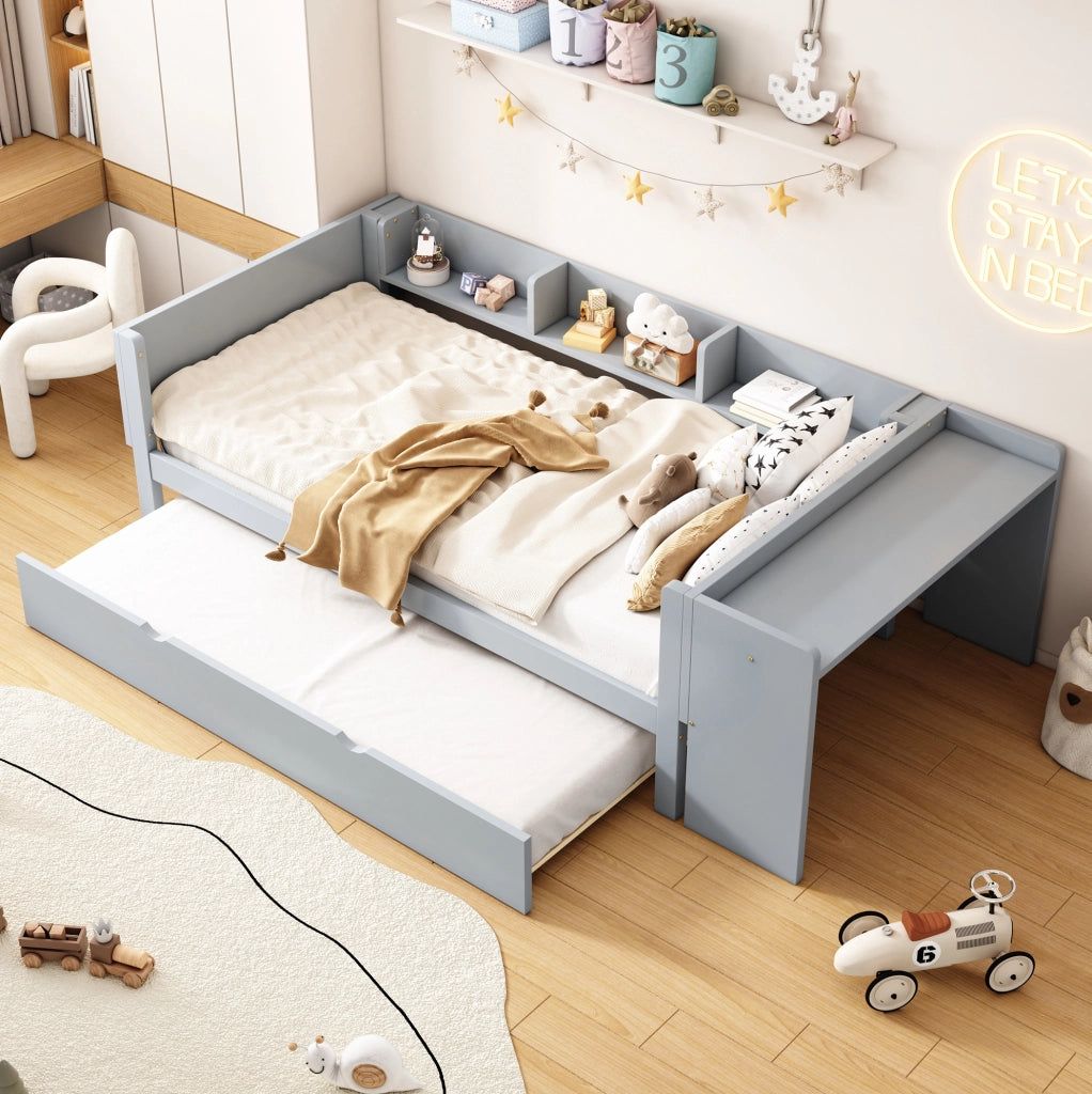 Letto per bambini 90x200 cm con letto estraibile; scrivania e ripiani laterali in legno e MDF grigio