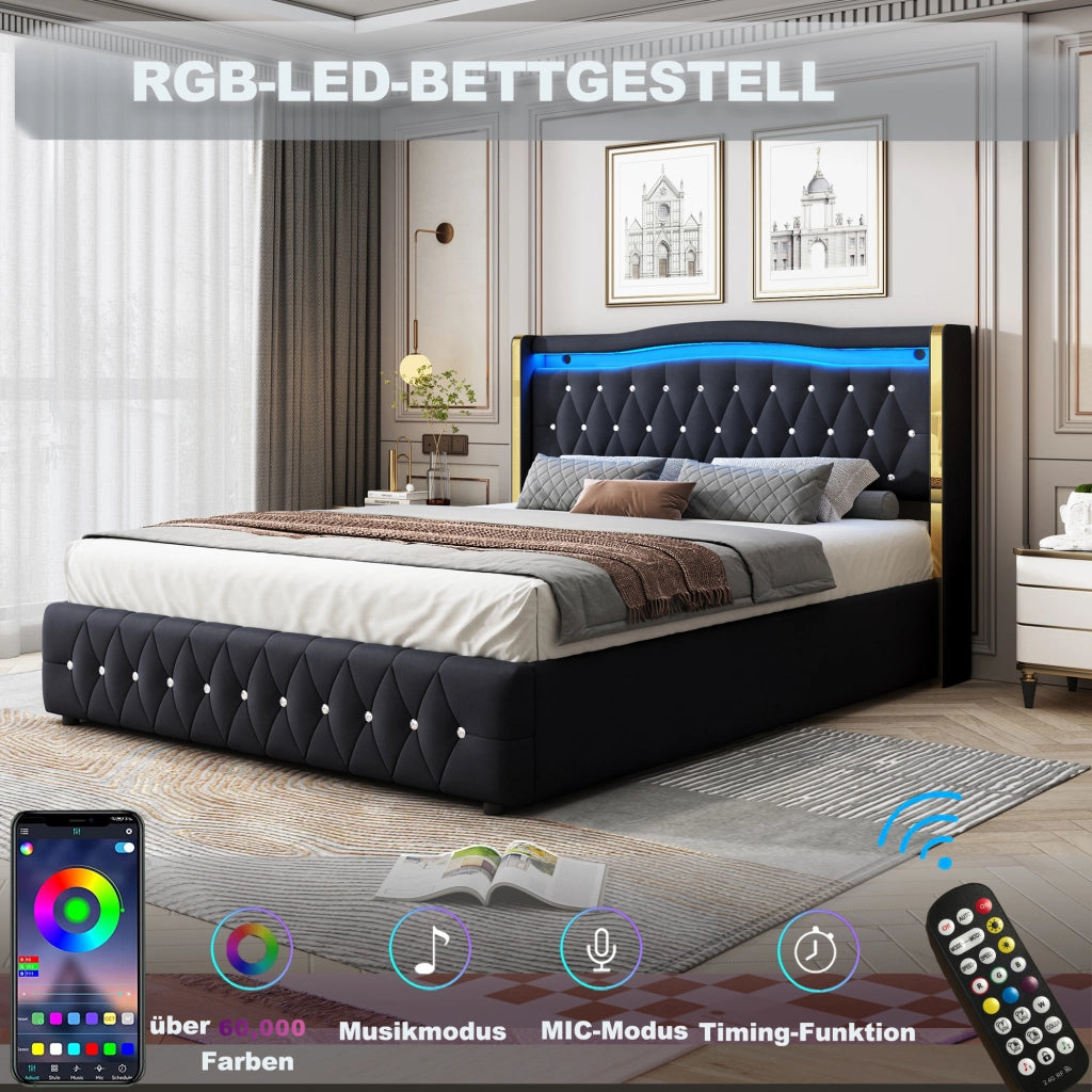 Letto contenitore 140 × 200 cm 2 posti con LED multicolore e vano idraulico, senza materasso, velluto nero