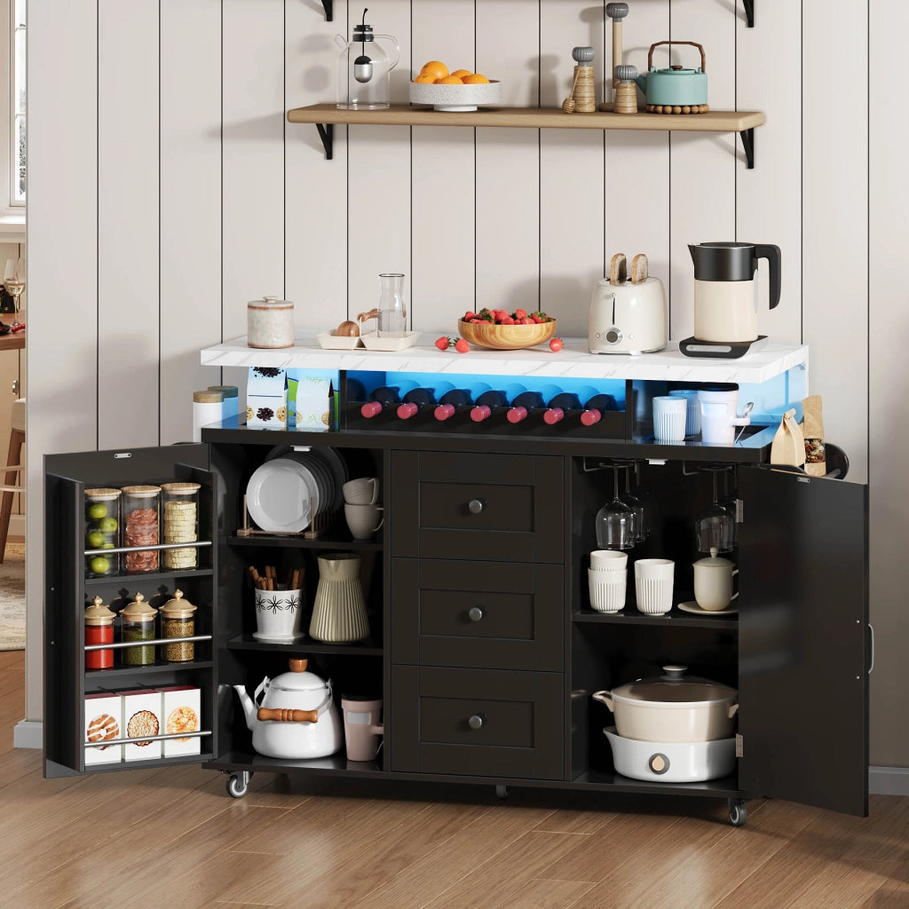 Carrello da Cucina con 2 Ante e 3 Cassetti; LED; Piano Ribaltabile; Portabicchieri e Portabottiglie; MDF