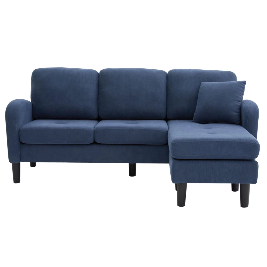 Divano angolare modulare 166x118x77 cm con chaise longue reversibile; in cord; blu