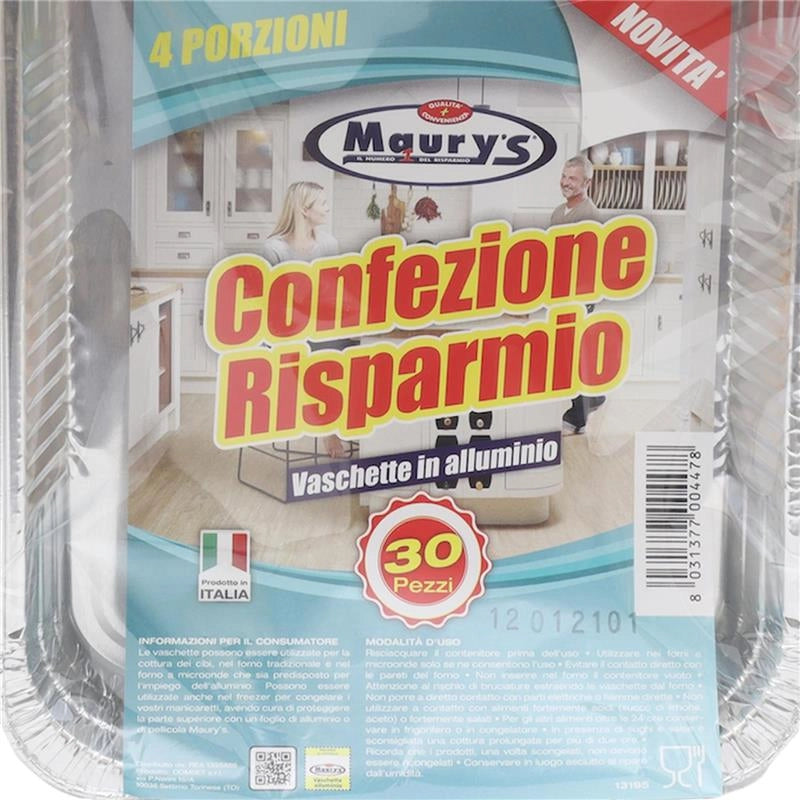 MAURY'S CONTENITORI ALLUMINIO 4 PORZIONI 30PZ PER COTTURA E CONSERVAZIONE ALIMENTI