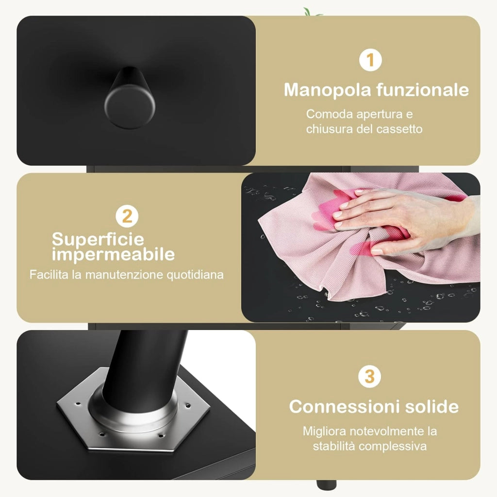 Comodino 45 x 40 x 62 cm per Camera da Letto con 2 Cassetti, Tavolino Moderno da Salotto con Solide Gambe in legno di Gomma, Mobile Salvaspazio per Soggiorno (Nero)