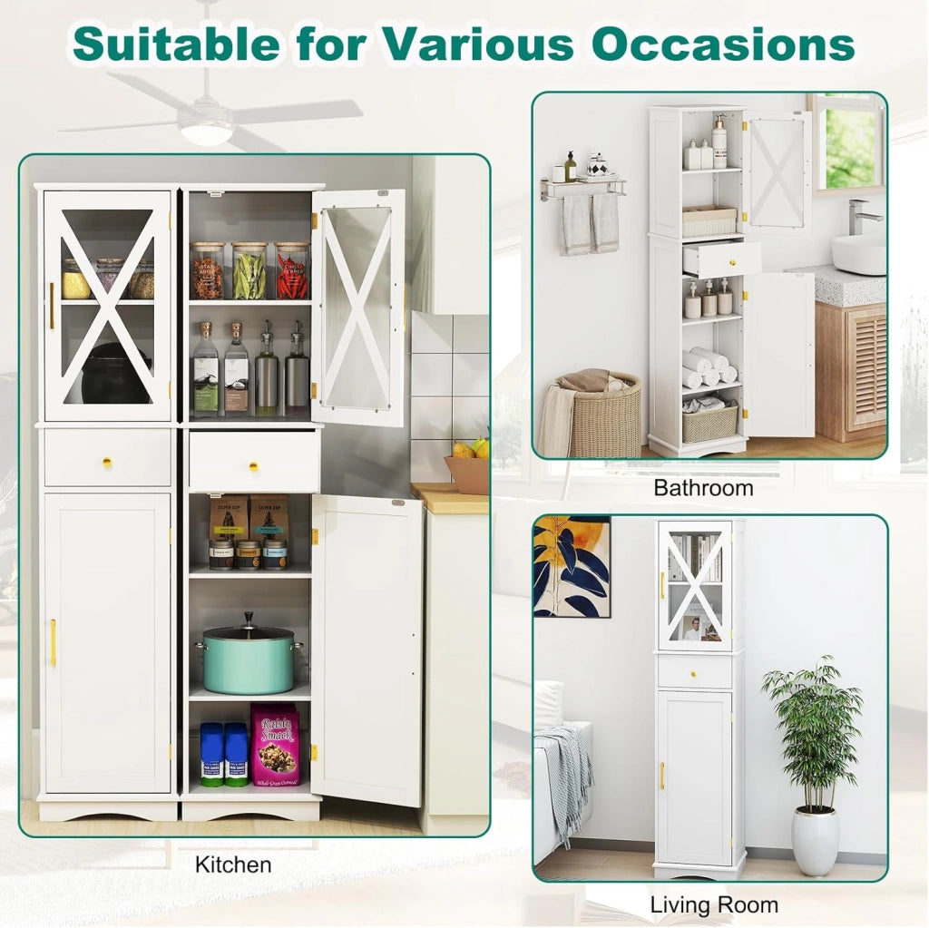 Armadietto da bagno, sottile con 2 ante, 1 cassetto e 3 ripiani regolabili, 40 x 30 x 168 cm, per cucina, soggiorno, bagno, ufficio (bianco)