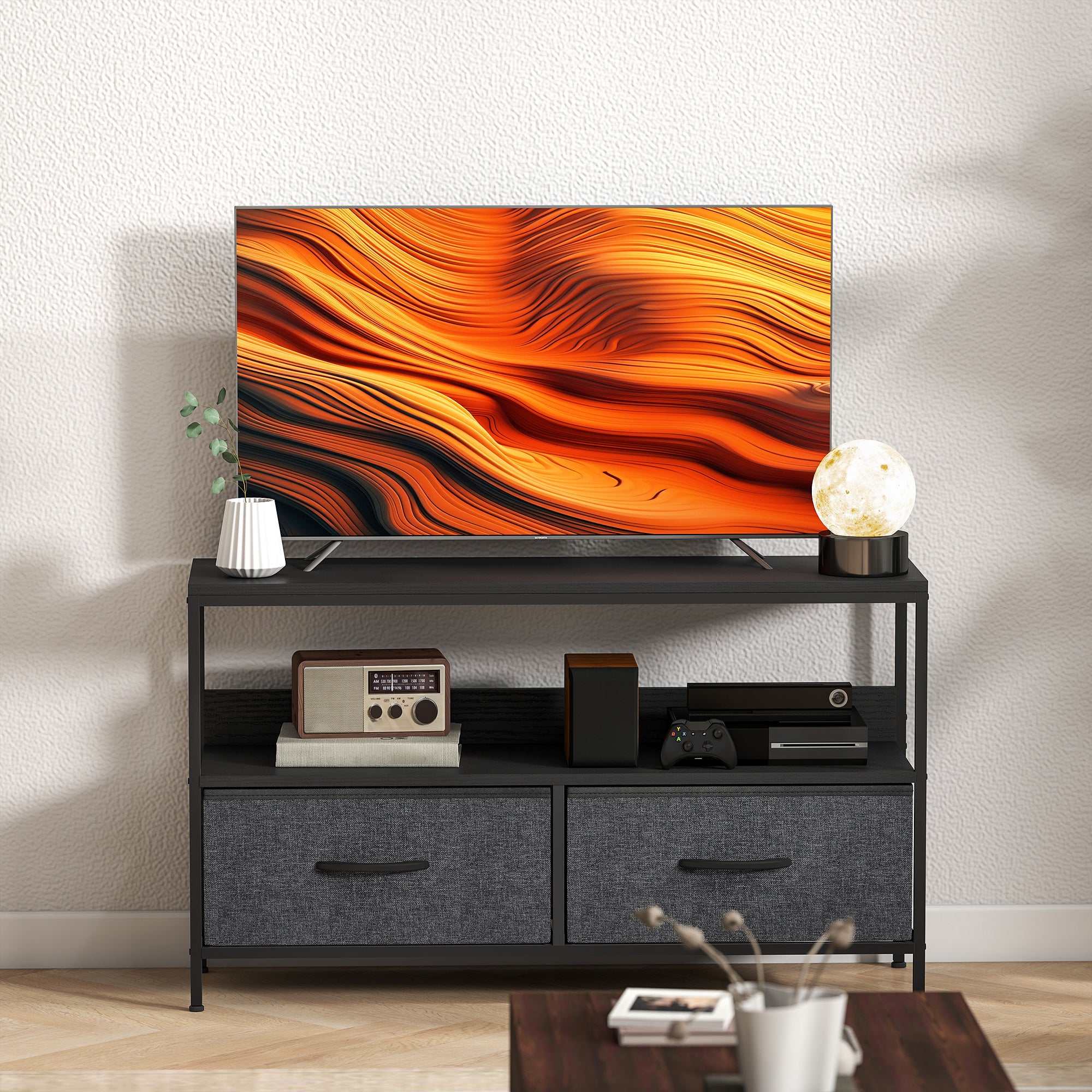 Mobile Porta TV 98x29x56 cm da 47" con Cassetti Pieghevoli in Tessuto e Mensola in Metallo e MDF Nero