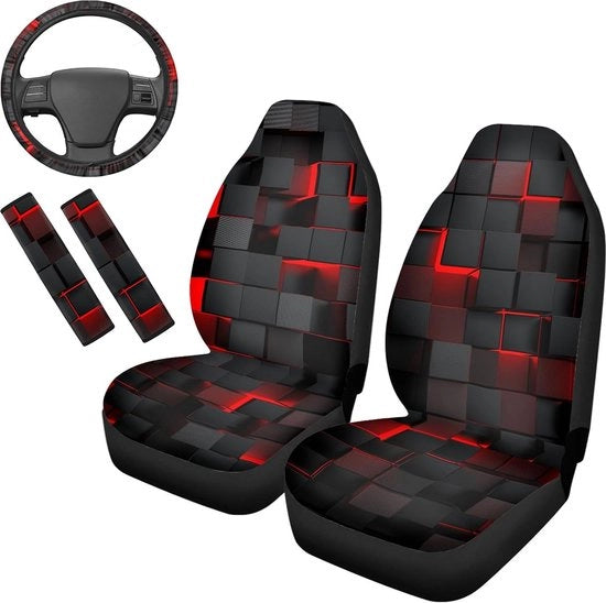Set di 5 pezzi di sostituzione sedile, cubi 3D rossi, sostituzione sedile universale, accessori con guida e 2 cinture di sicurezza, pannelli di copertura per auto, camion, furgone, SUV
