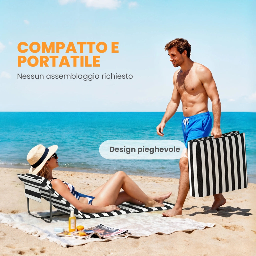 Set 2 Sdraio da Spiaggia 146x50x2 cm con Poggiatesta Imbottito in Metallo e Tessuto Oxford Grigio e Bianco