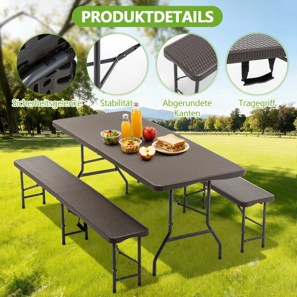 DESMIU Set tavolo e panche da giardino pieghevole per 6 persone, in plastica marrone