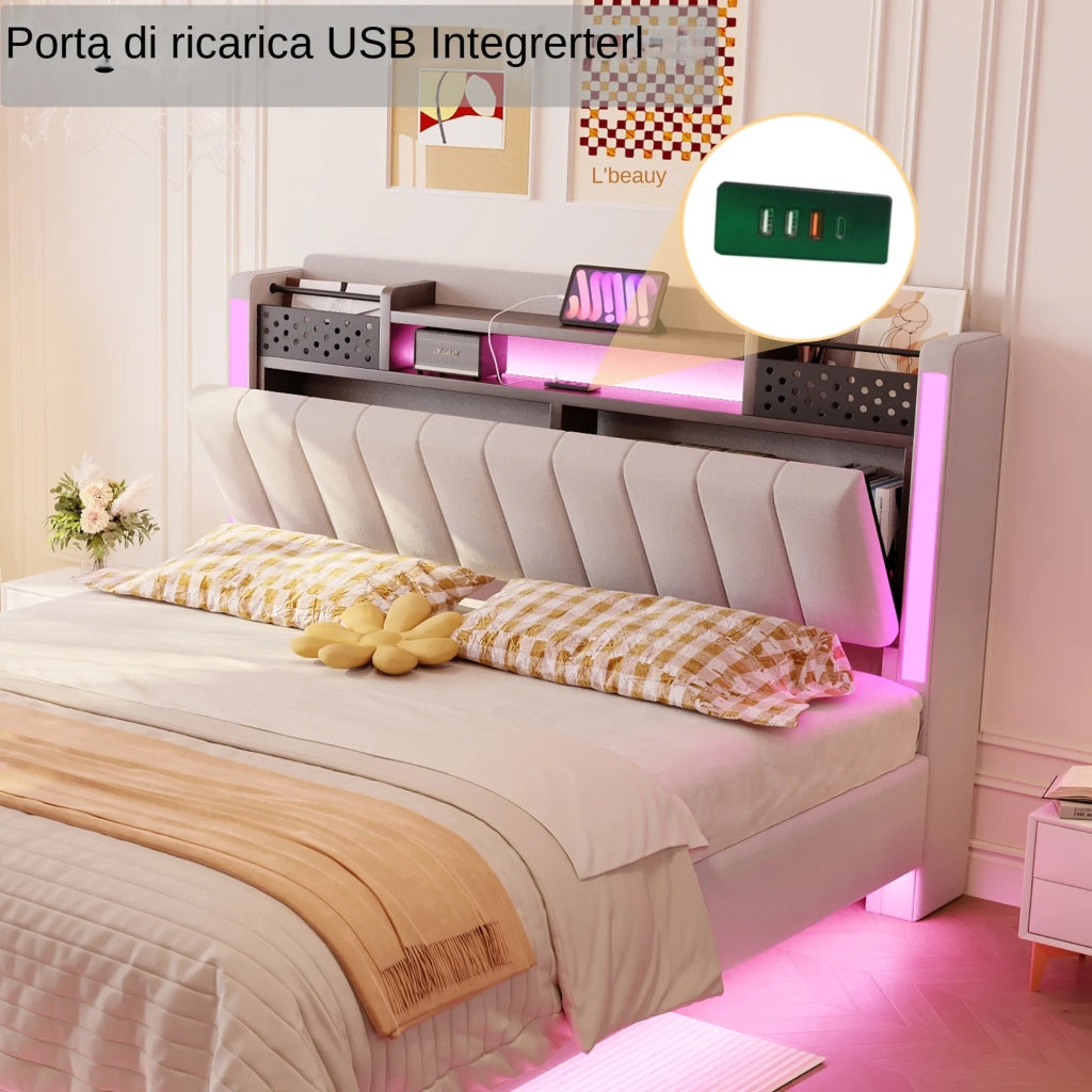 Letto matrimoniale imbottito 140x200 cm con LED; USB; testiera contenitore e rete; beige