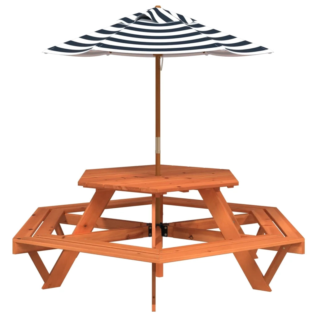 vidaXL Tavolo Picnic per 6 Bambini con Ombrellone Esagono Legno Abete