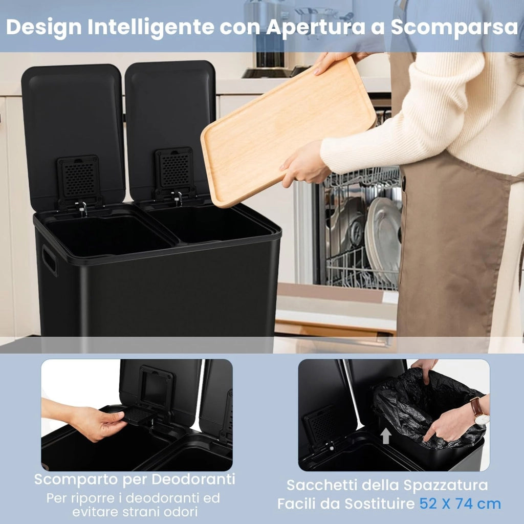 2x30 L Pattumiera Differenziata, Bidoni Differenziata in Acciaio Inox a 2 Scomparti, Anti-Impronte, Secchio Spazzatura con Coperchi a Chiusura Morbida, per Casa Ufficio (Nero)