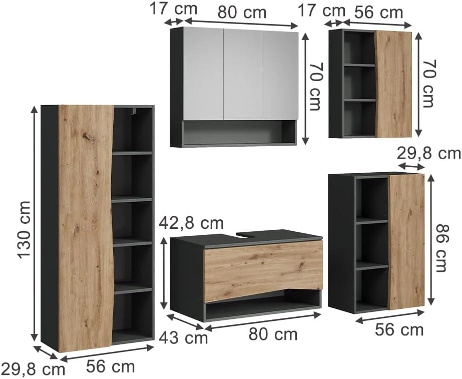 Set di mobili da bagno Willow, Artigiano, 80 cm, composto da mobile sottolavabo, specchiera, colonna, base media e pensile
