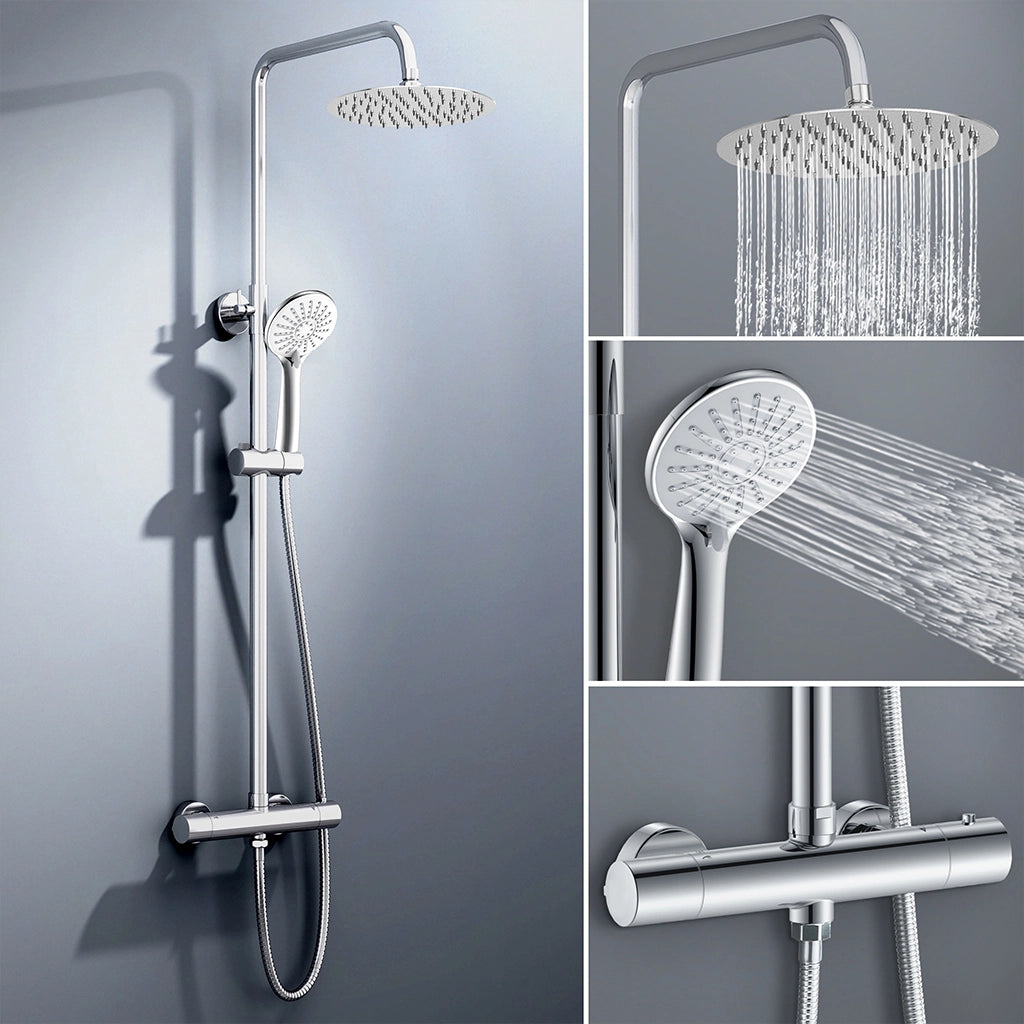 colonna doccia rotonda completo di miscelatore termostatico cilindro, soffione rotondo 25x25cm, cromo