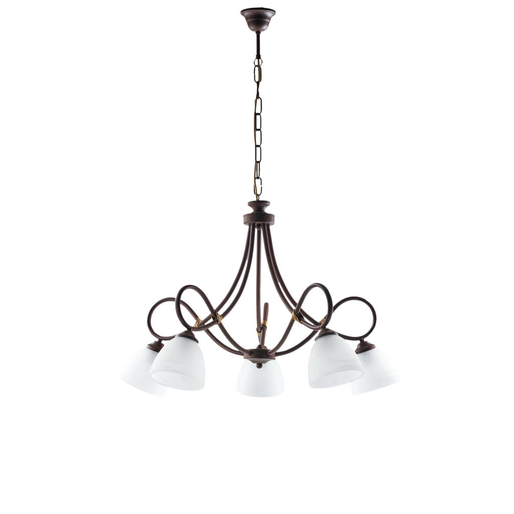 Lampadario 5 Luci Dallas BeLight Ferro Battuto Nero Ruggine Vetro Bianco
