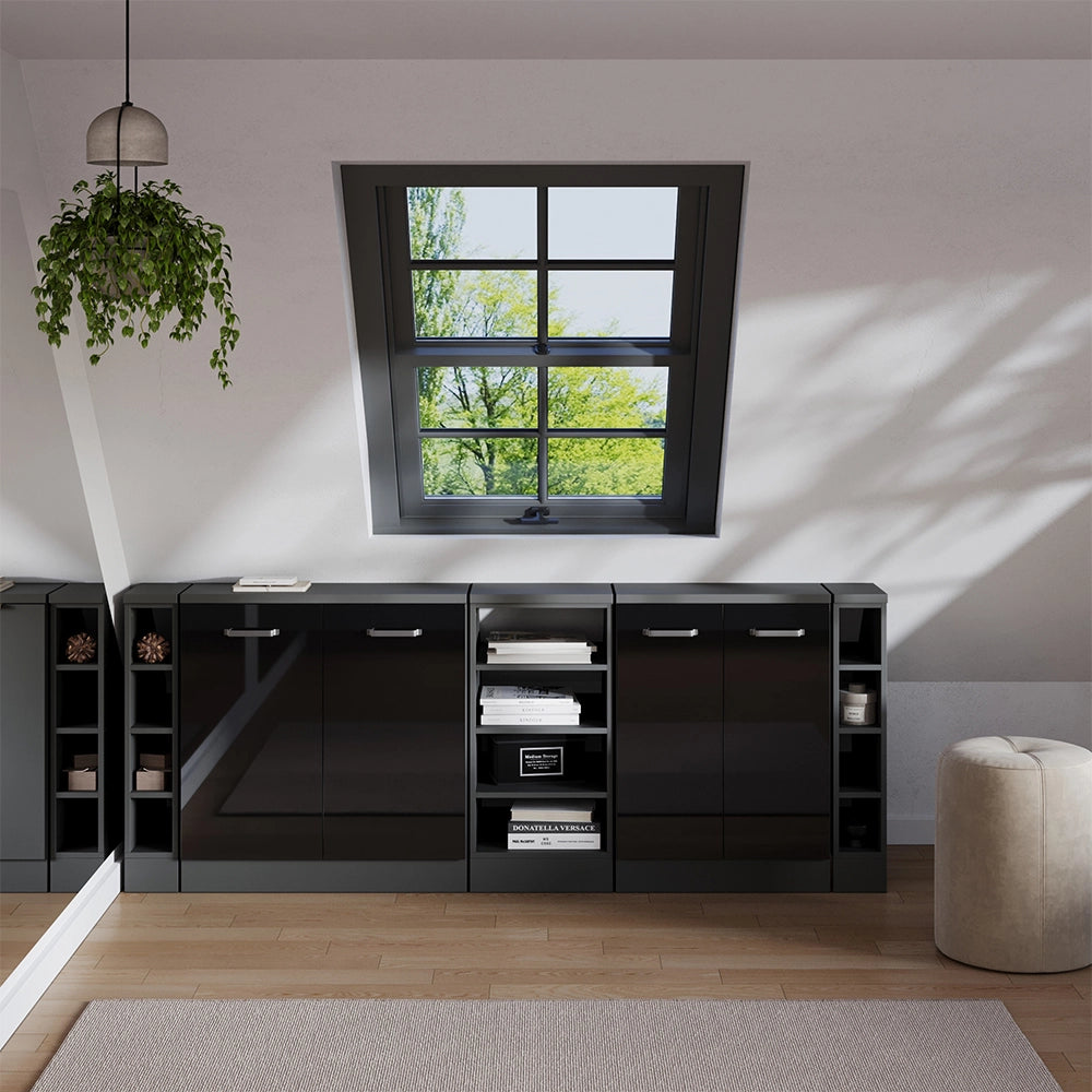 Set di mobili sottotetto Rion Nero lucido/Antracite 210 cm Set di 5 carcasse armadio profondità 60 cm Vicco