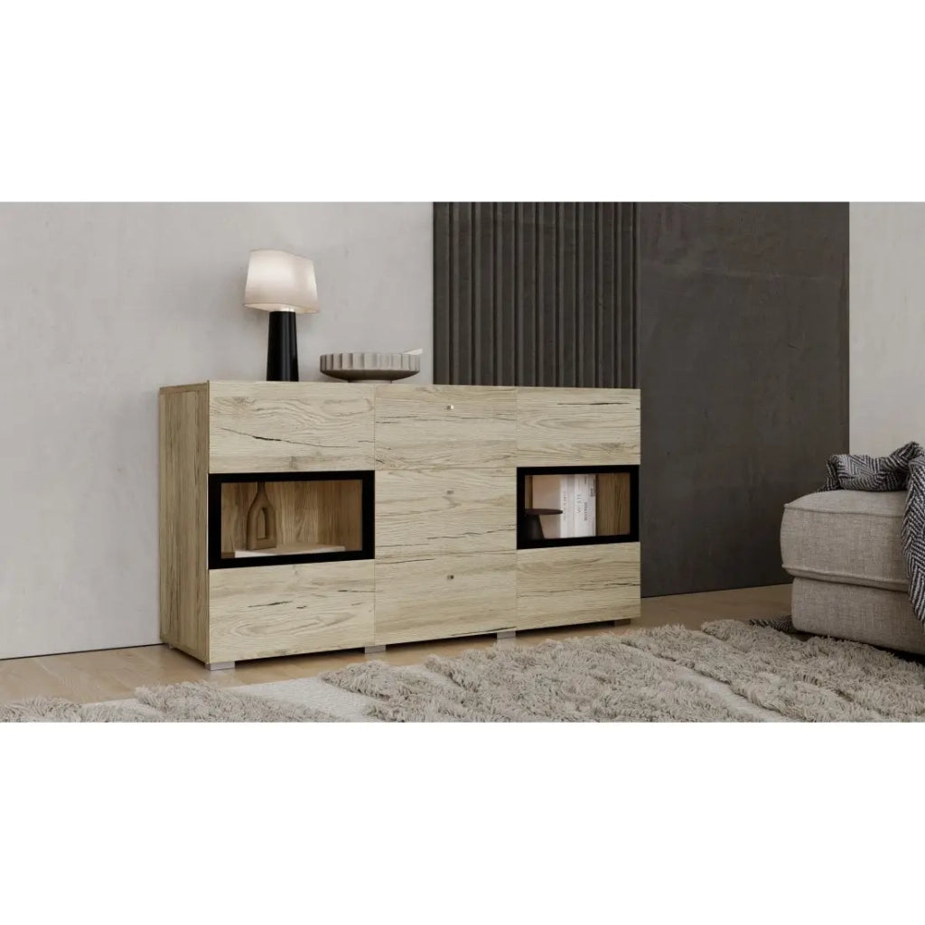 Buffet RAMOS – Rovere e nero – LED multicolori integrate – 2 porte in vetro + 3 cassetti - Stile contemporaneo