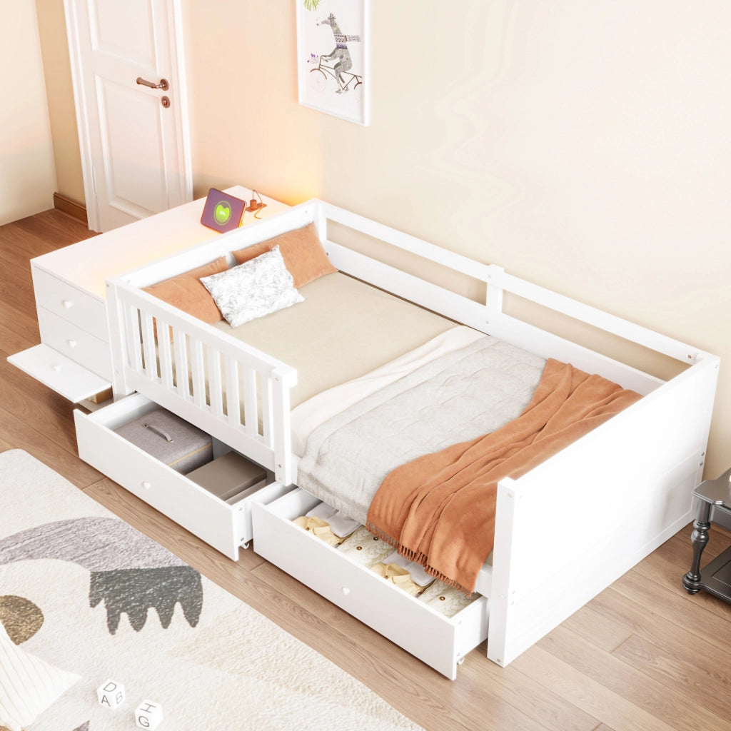 Letto a soppalco 90x200 cm con contenitore separato; LED; presa e 2 cassetti; Bianco