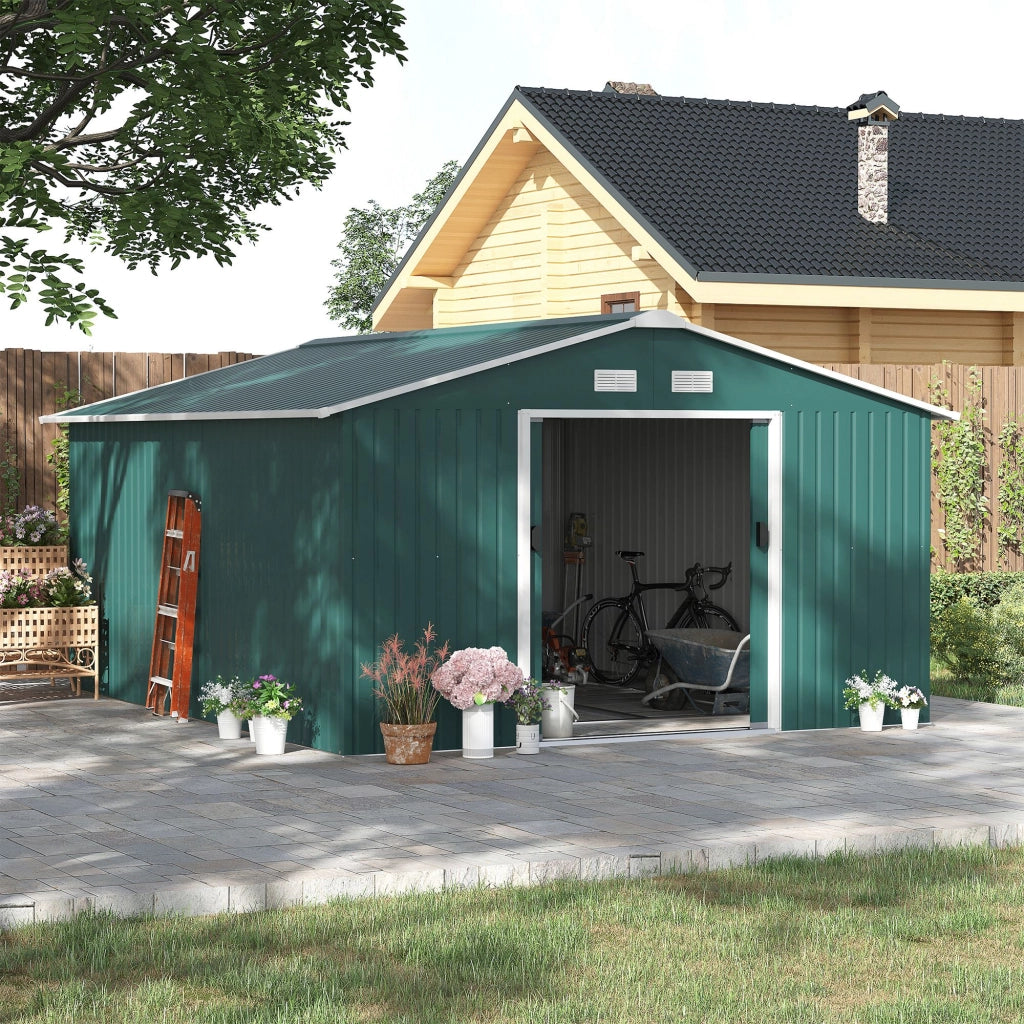 CASA DA GIARDINO 340 x 386 x 200 cm In Acciaio Verde Scuro con porte scorrevoli