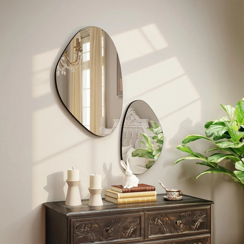 Set di 2 specchi da parete, 70 x 46 cm, 49,5 x 31 cm, specchio da finestra con cornice in metallo, specchio da appendere a forma di ciottolo, nero