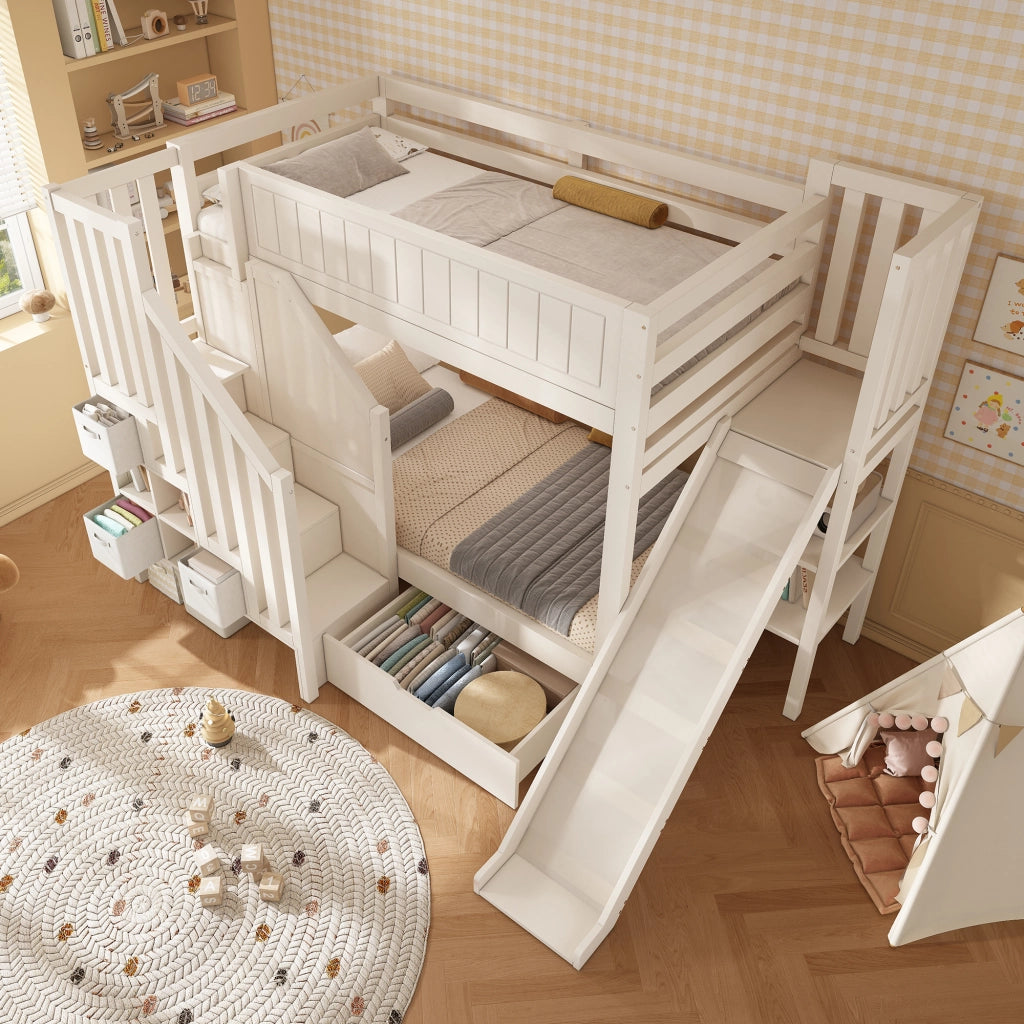 Letto a castello 90 × 200 cm con scivolo, scaletta-armadio, cassetti e ripiano, senza materasso, bianco