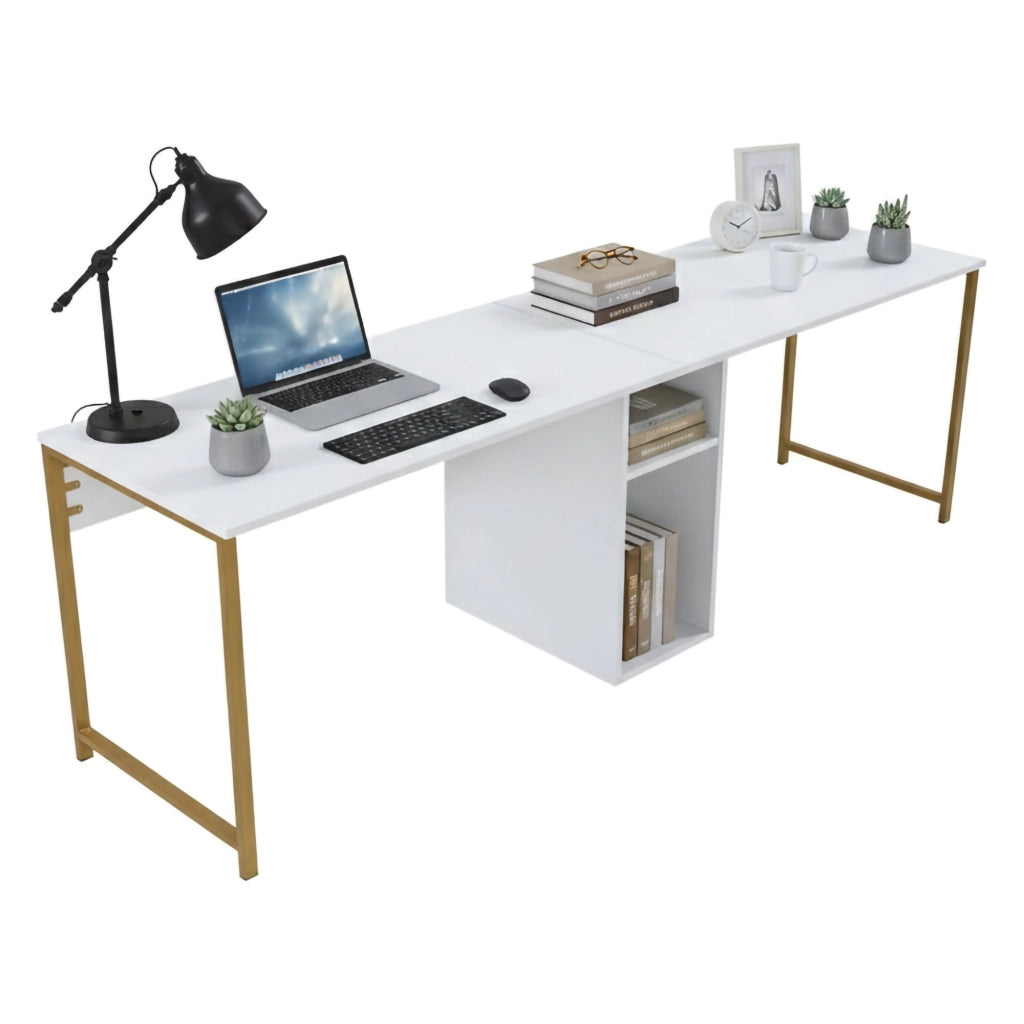 Scrivania Violet, Scrittoio multiuso, Tavolo per ufficio porta PC, Piano di lavoro, 240x60 h74 cm, Bianco e Oro